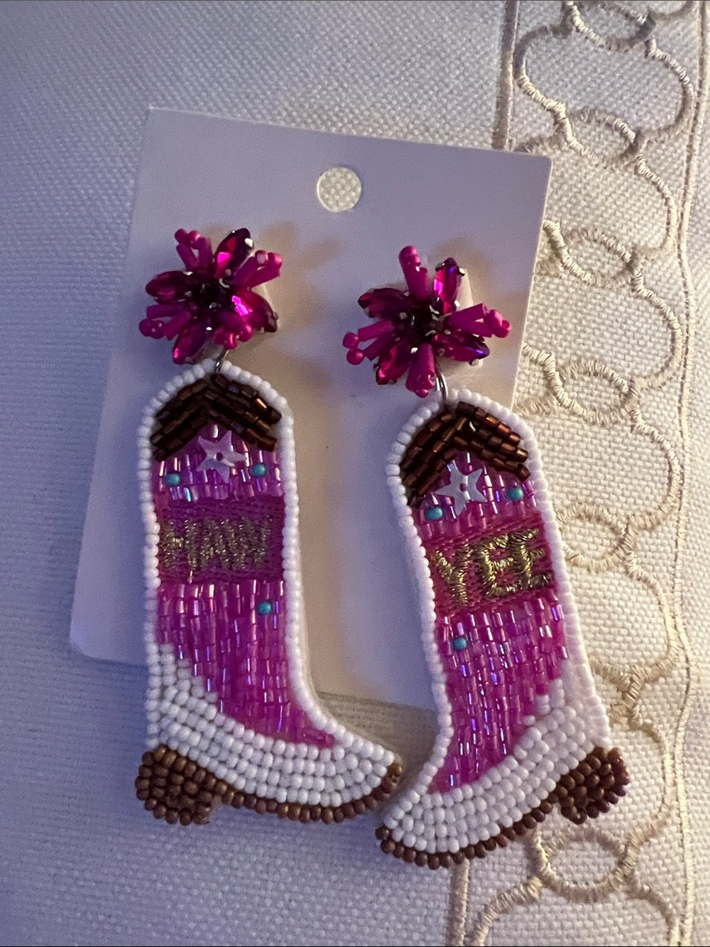 Pink Nashville Cowboy Boot Beaded Earrings | Western Glam Statement Earrings